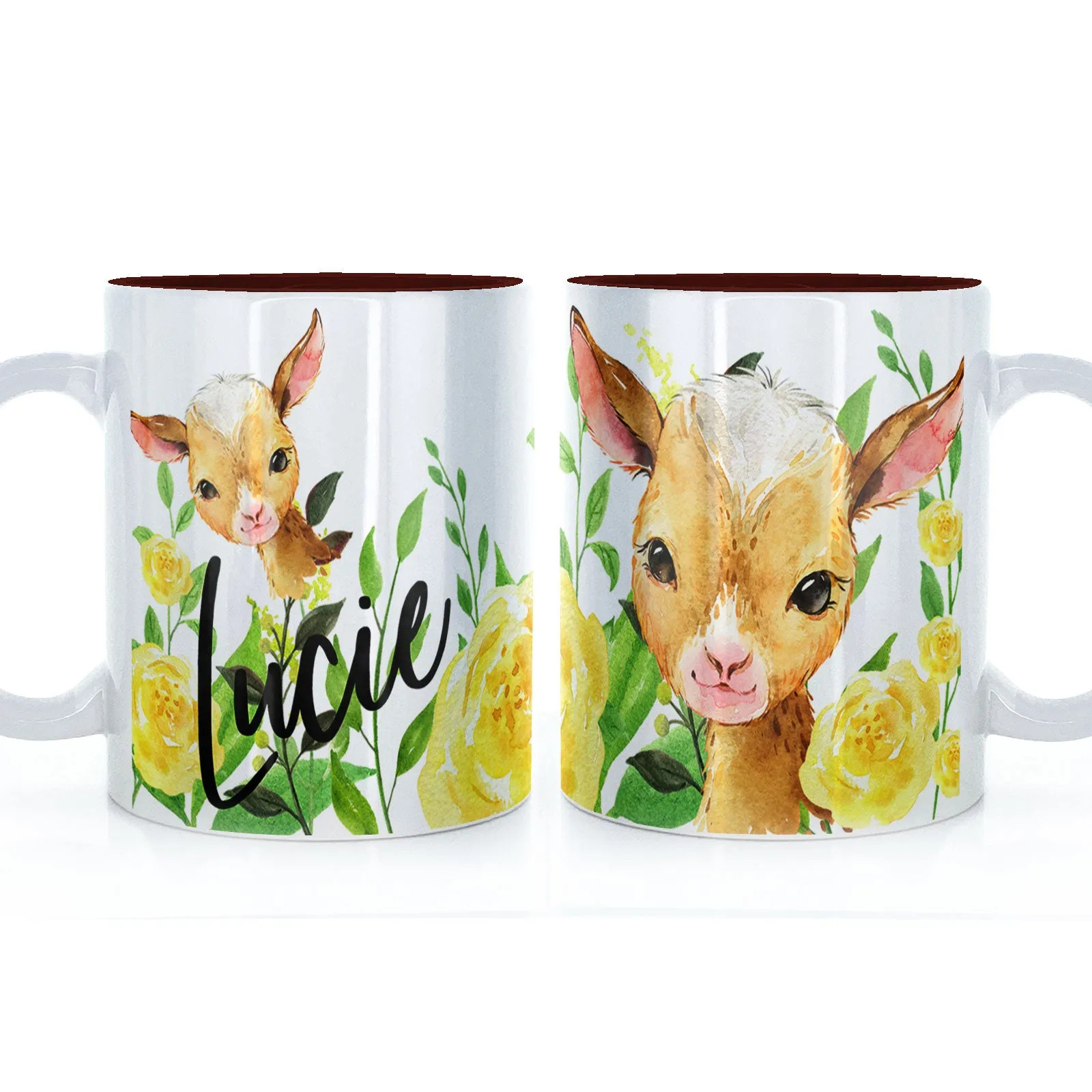 Personalised Mug with Stylish Text and Yellow Flower Goats