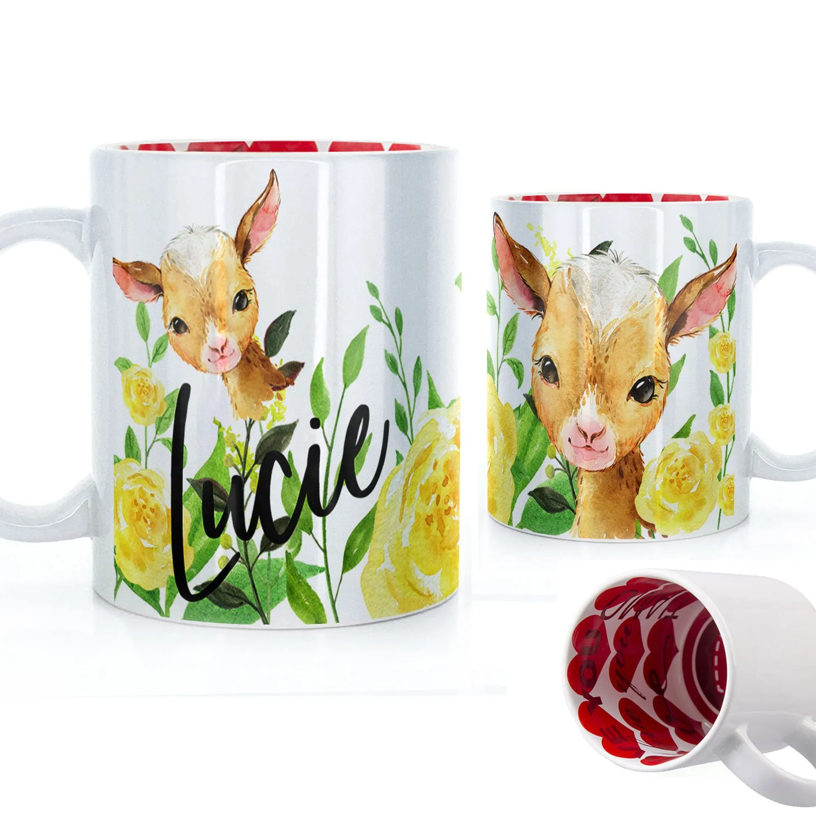 Personalised Mug with Stylish Text and Yellow Flower Goats