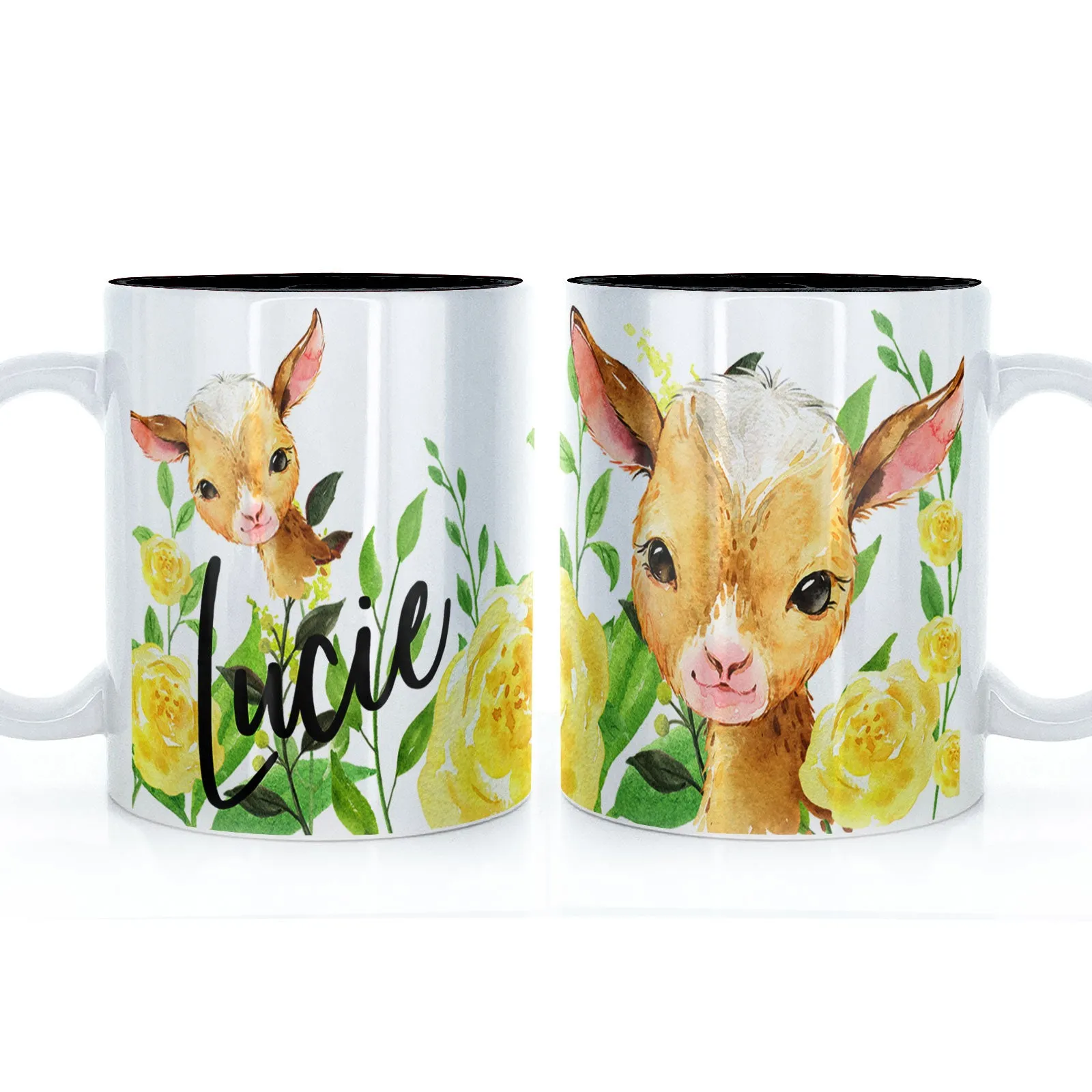 Personalised Mug with Stylish Text and Yellow Flower Goats