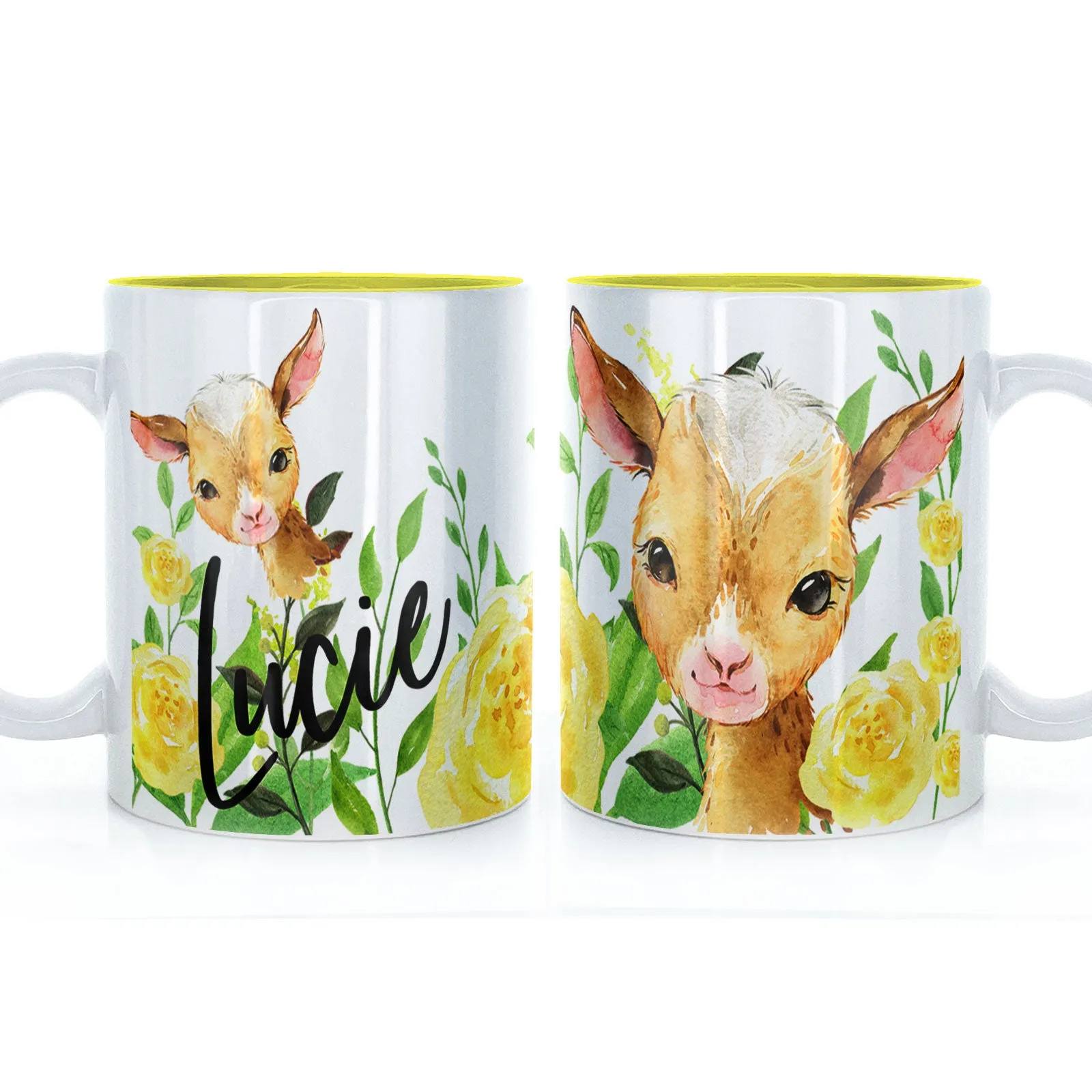 Personalised Mug with Stylish Text and Yellow Flower Goats