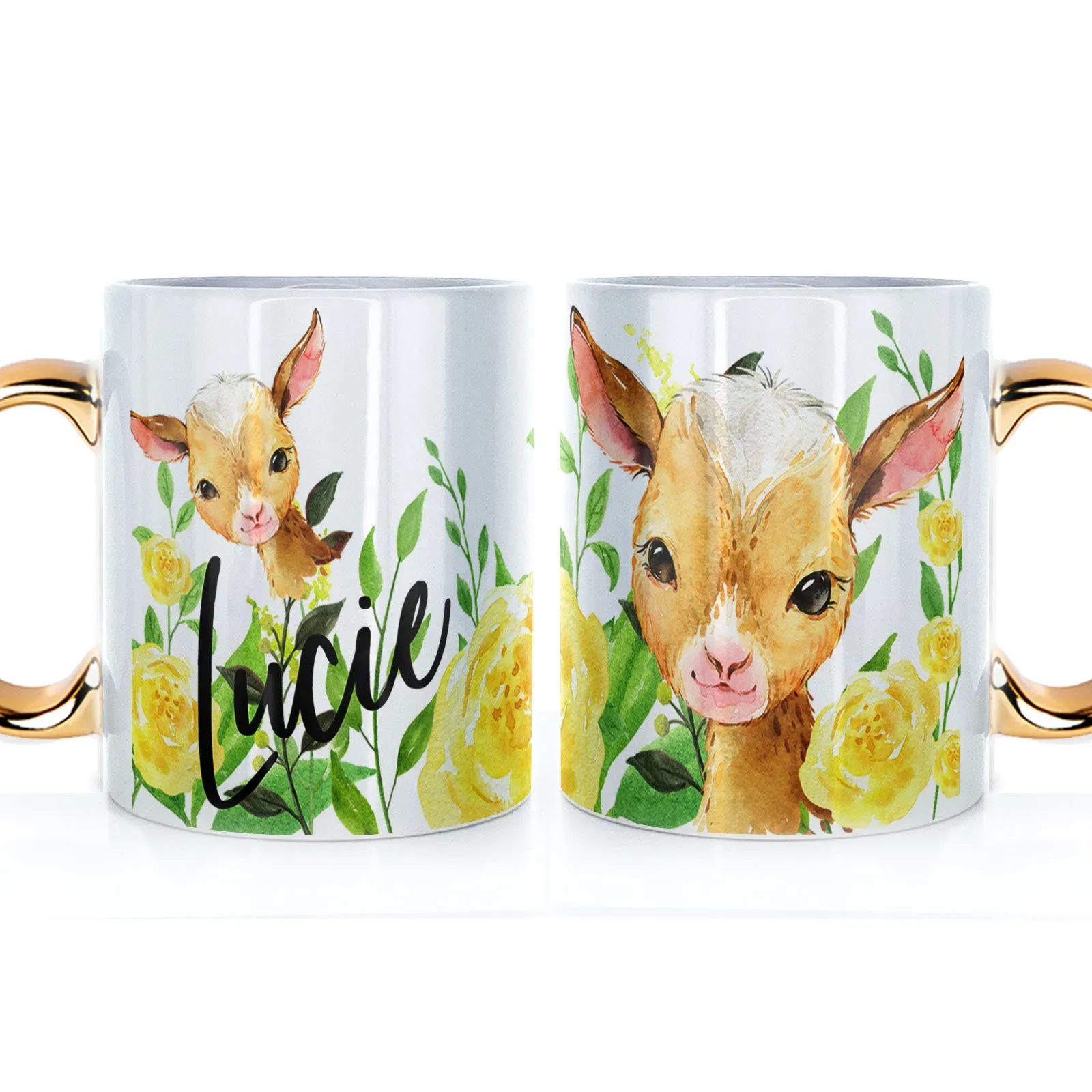Personalised Mug with Stylish Text and Yellow Flower Goats