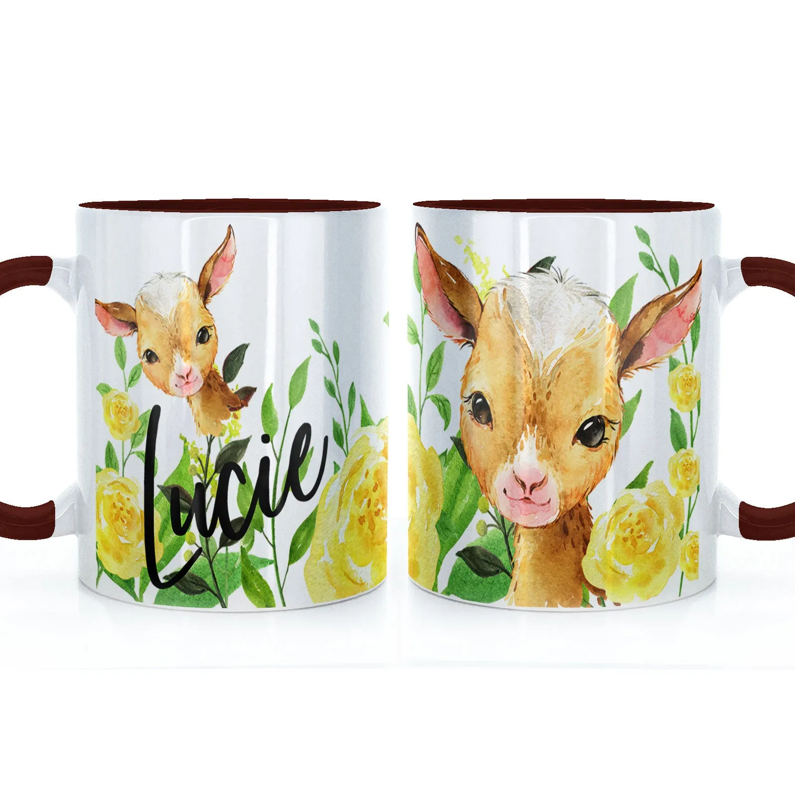 Personalised Mug with Stylish Text and Yellow Flower Goats