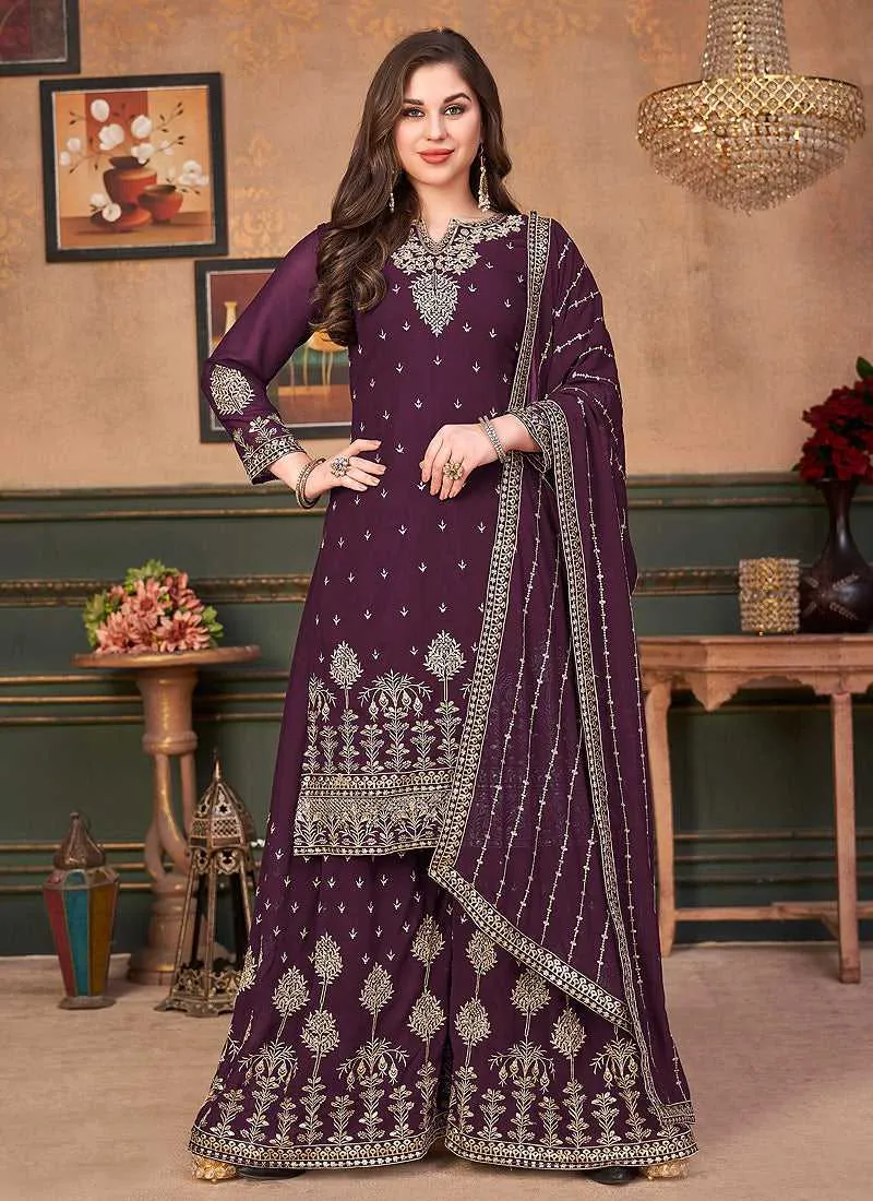 Purple Heavy Embroidered Stylish Palazzo Suit