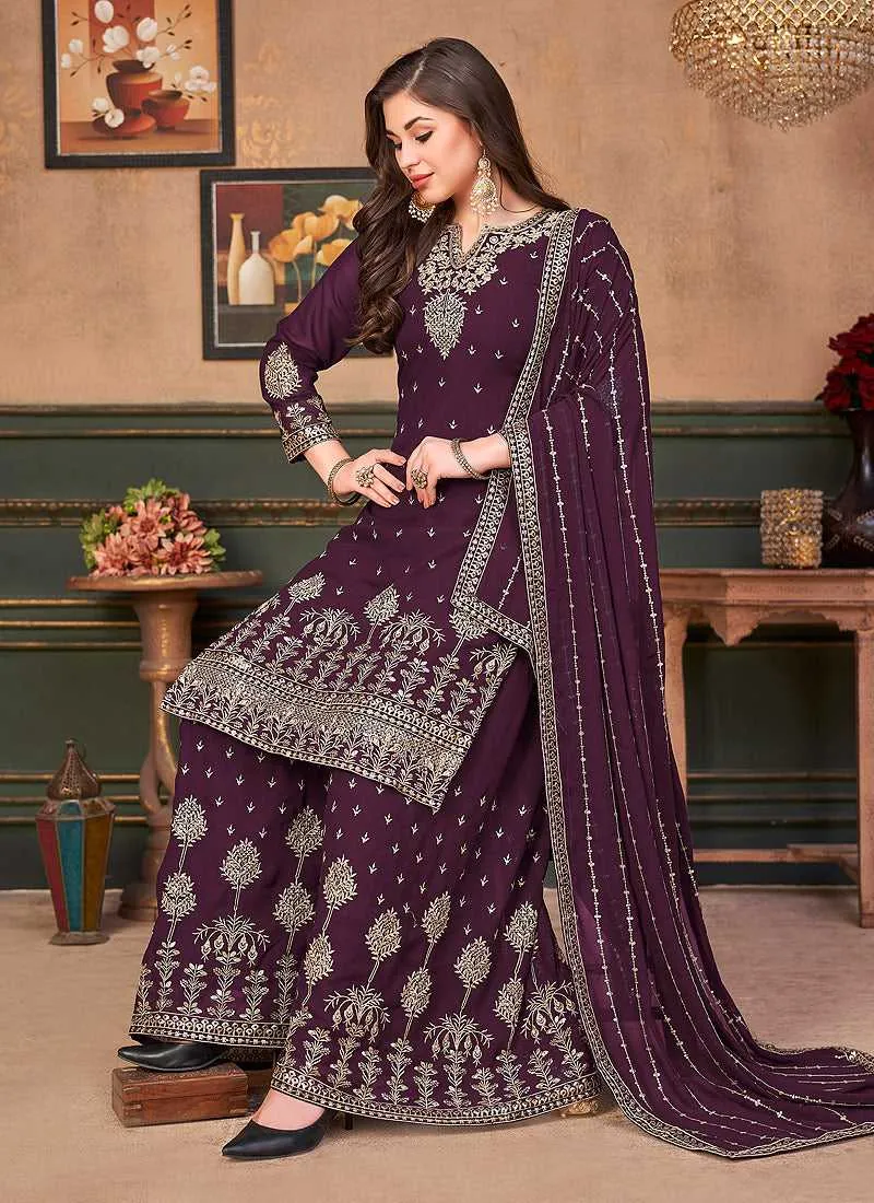 Purple Heavy Embroidered Stylish Palazzo Suit