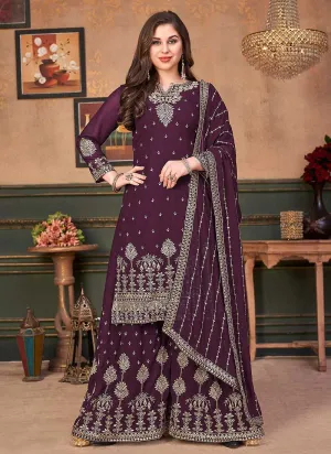 Purple Heavy Embroidered Stylish Palazzo Suit