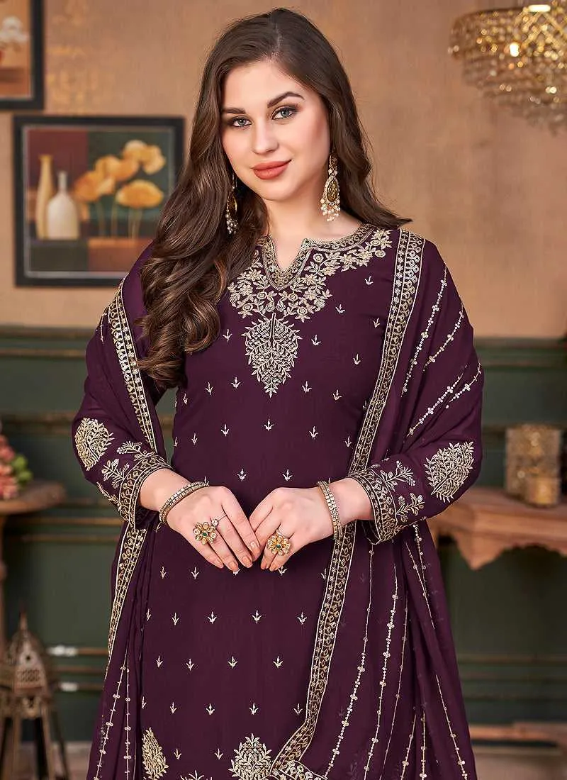 Purple Heavy Embroidered Stylish Palazzo Suit