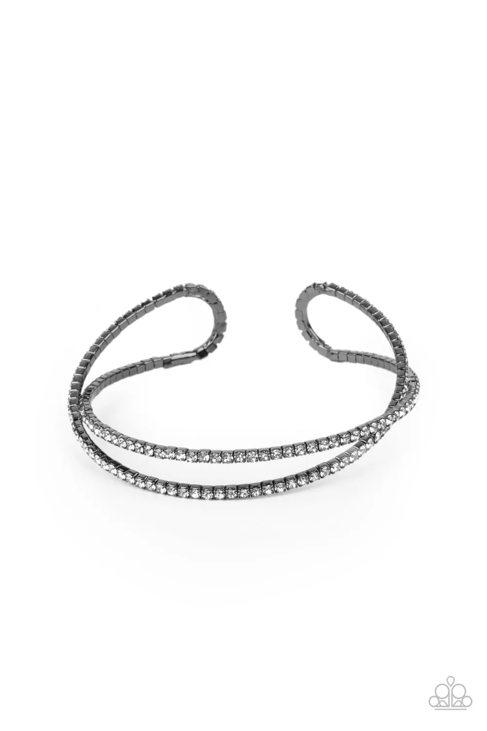 "Plus One Status" Gunmetal & Clear/White Rhinestone Crisscross Flexible Bracelet