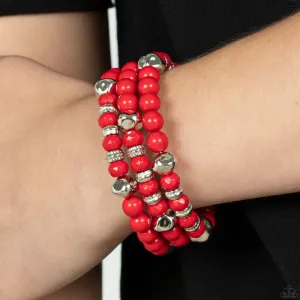 "Vibrant Verve" Textured Red & Silver Beaded Flexible COIL Bracelet.