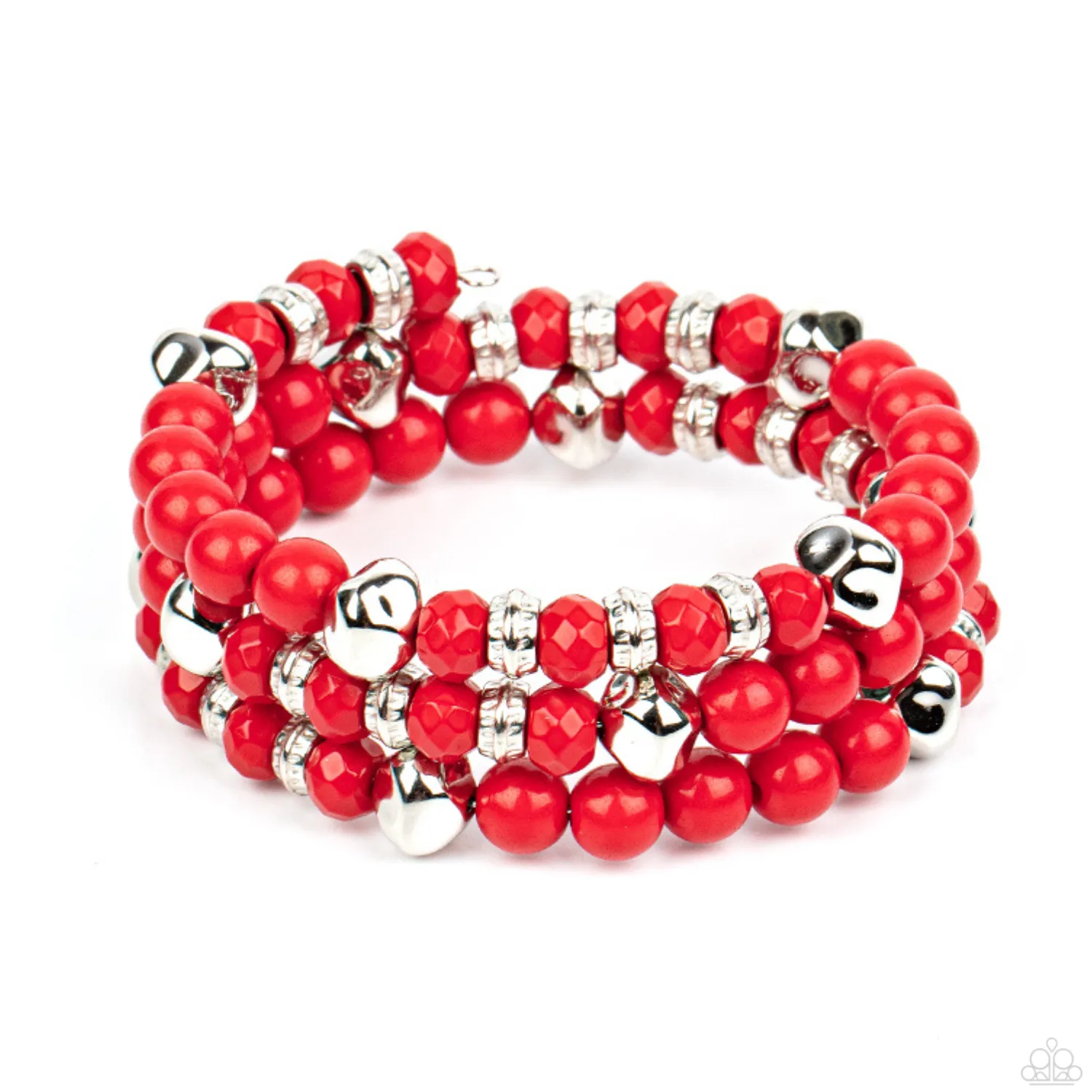 "Vibrant Verve" Textured Red & Silver Beaded Flexible COIL Bracelet.