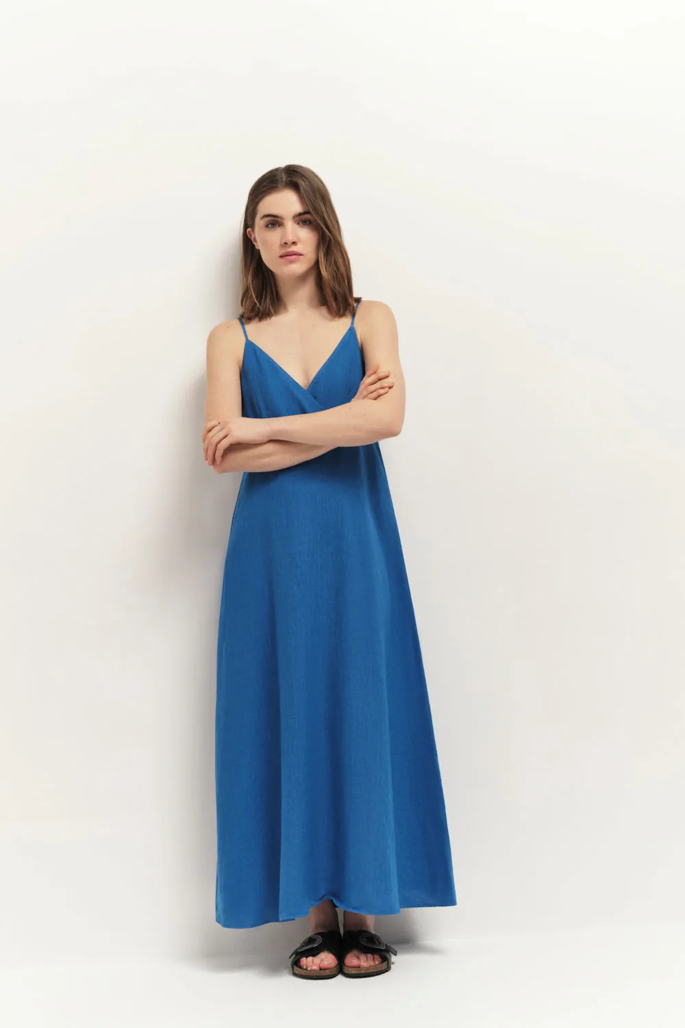 RIMINI - Robe longue Santorin blue à fines bretelles en lin