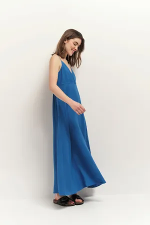RIMINI - Robe longue Santorin blue à fines bretelles en lin