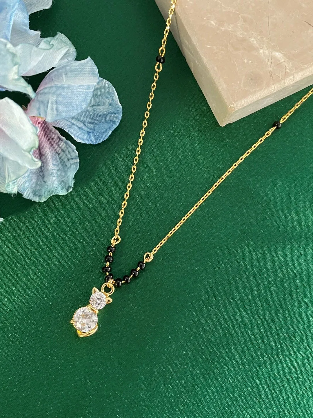 Short Mangalsutra/Necklace With AD Cat Pendant