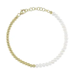 Shy Creation Cultured Pearl and Gold Bead Bracelet in 14K Yellow Gold