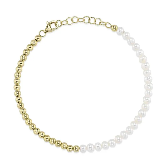 Shy Creation Cultured Pearl and Gold Bead Bracelet in 14K Yellow Gold