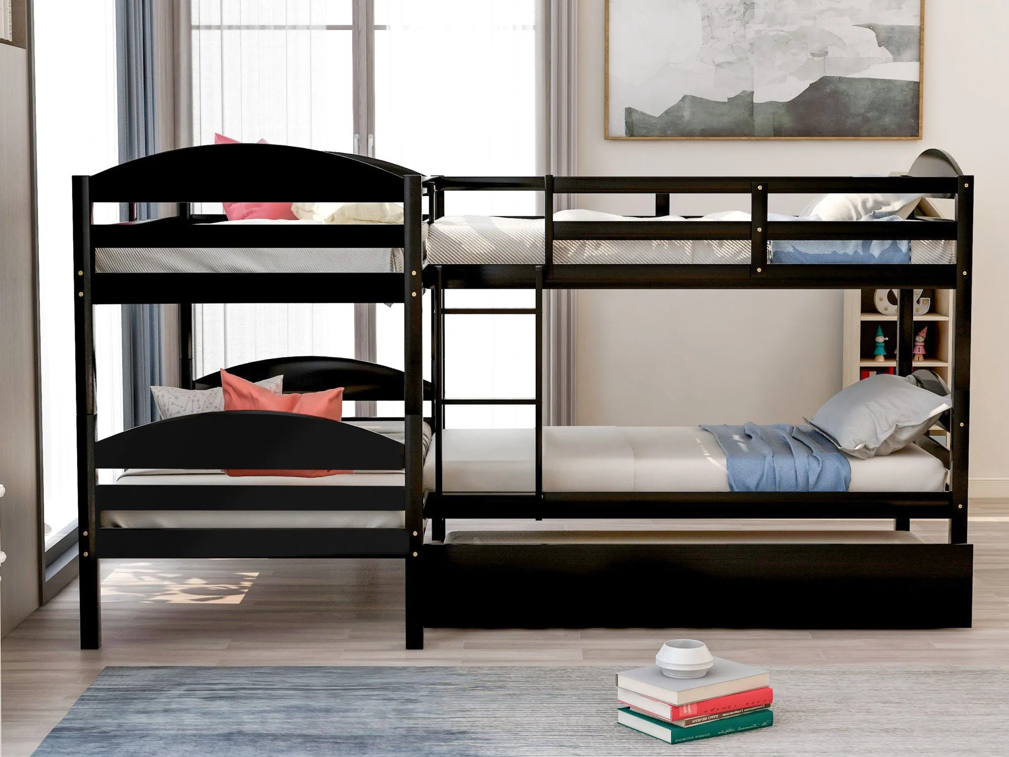 Simple Durable Twin L-Shaped Bunk With Trundle