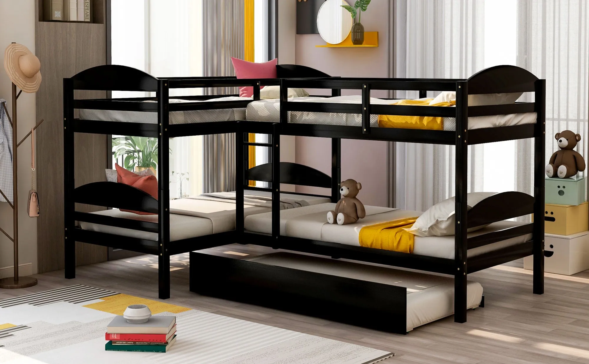 Simple Durable Twin L-Shaped Bunk With Trundle