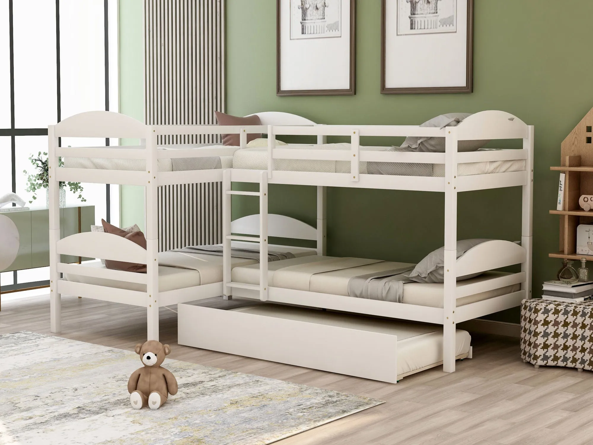 Simple Durable Twin L-Shaped Bunk With Trundle