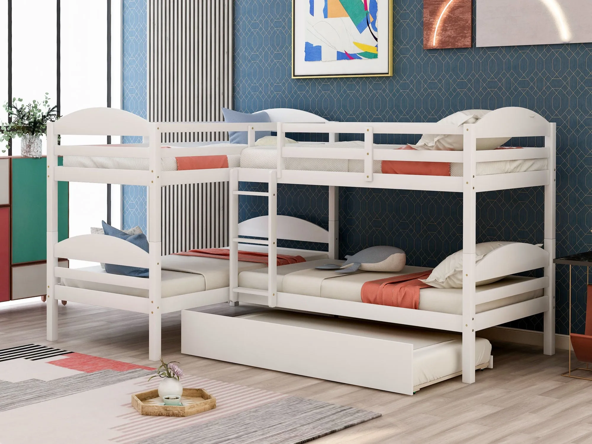 Simple Durable Twin L-Shaped Bunk With Trundle