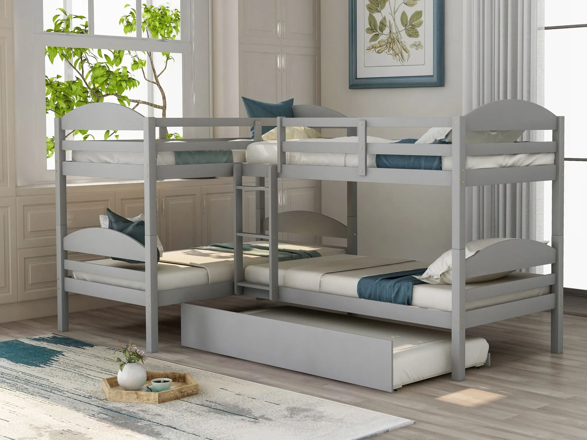 Simple Durable Twin L-Shaped Bunk With Trundle