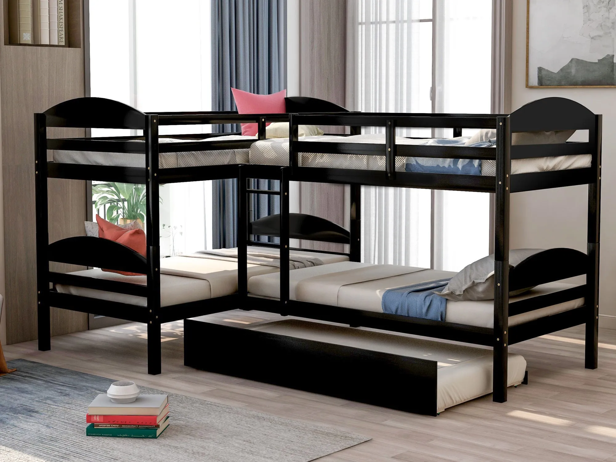 Simple Durable Twin L-Shaped Bunk With Trundle