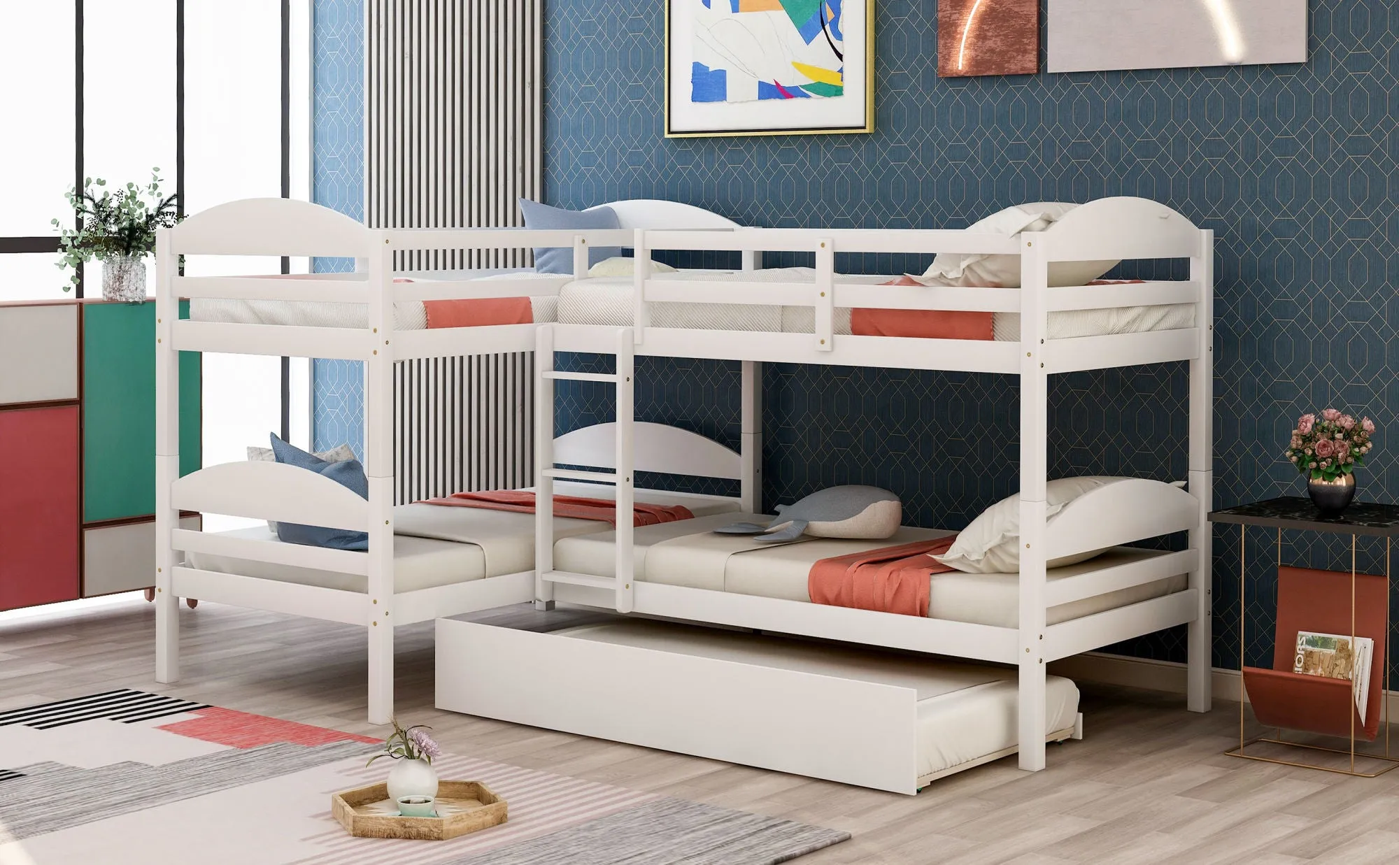Simple Durable Twin L-Shaped Bunk With Trundle