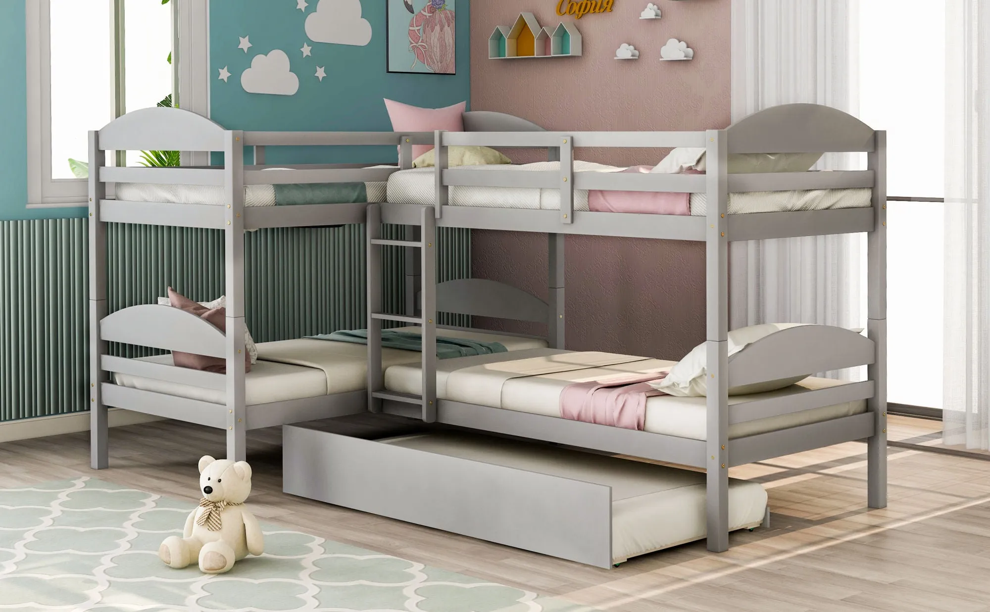 Simple Durable Twin L-Shaped Bunk With Trundle
