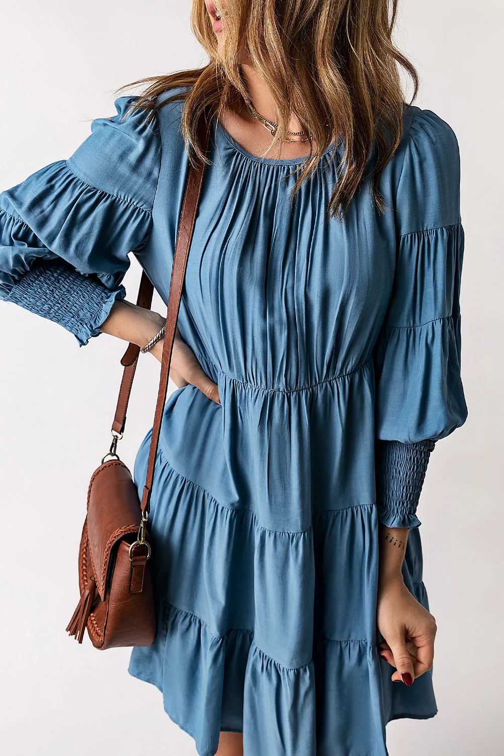 Sky Blue Shirring Tiered Flowy Babydoll Dress