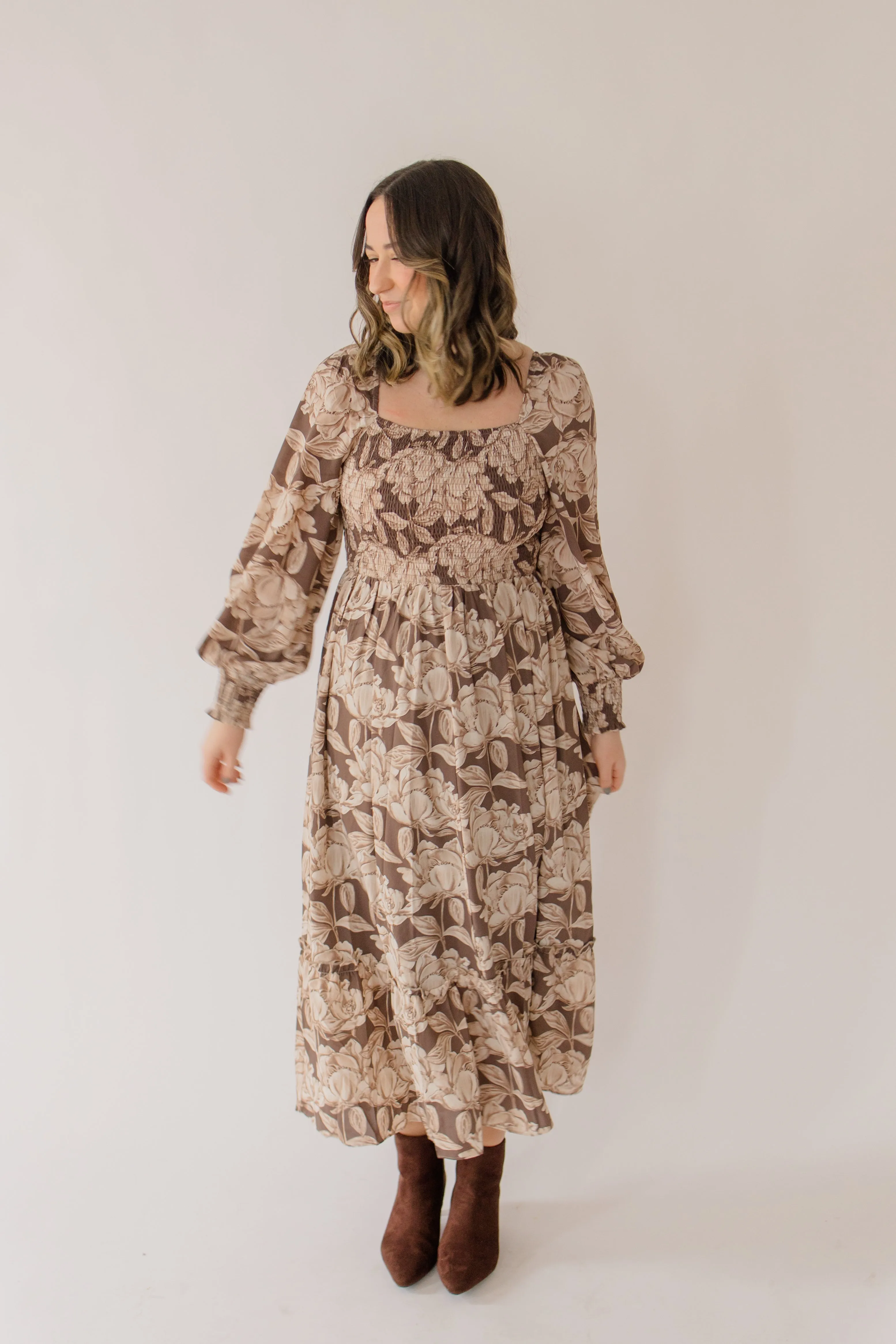 Smocked Floral Midi Peasant Dress
