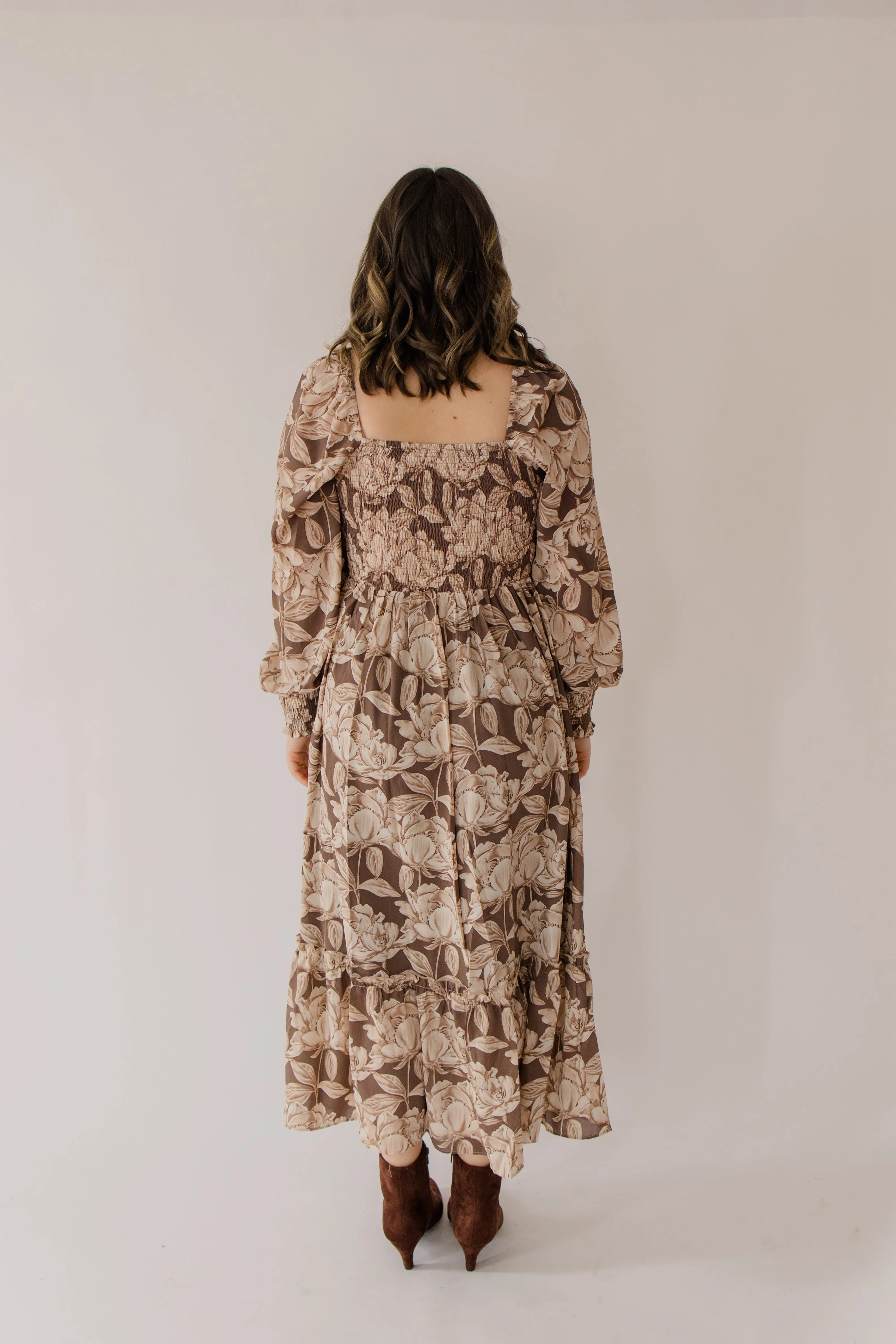 Smocked Floral Midi Peasant Dress