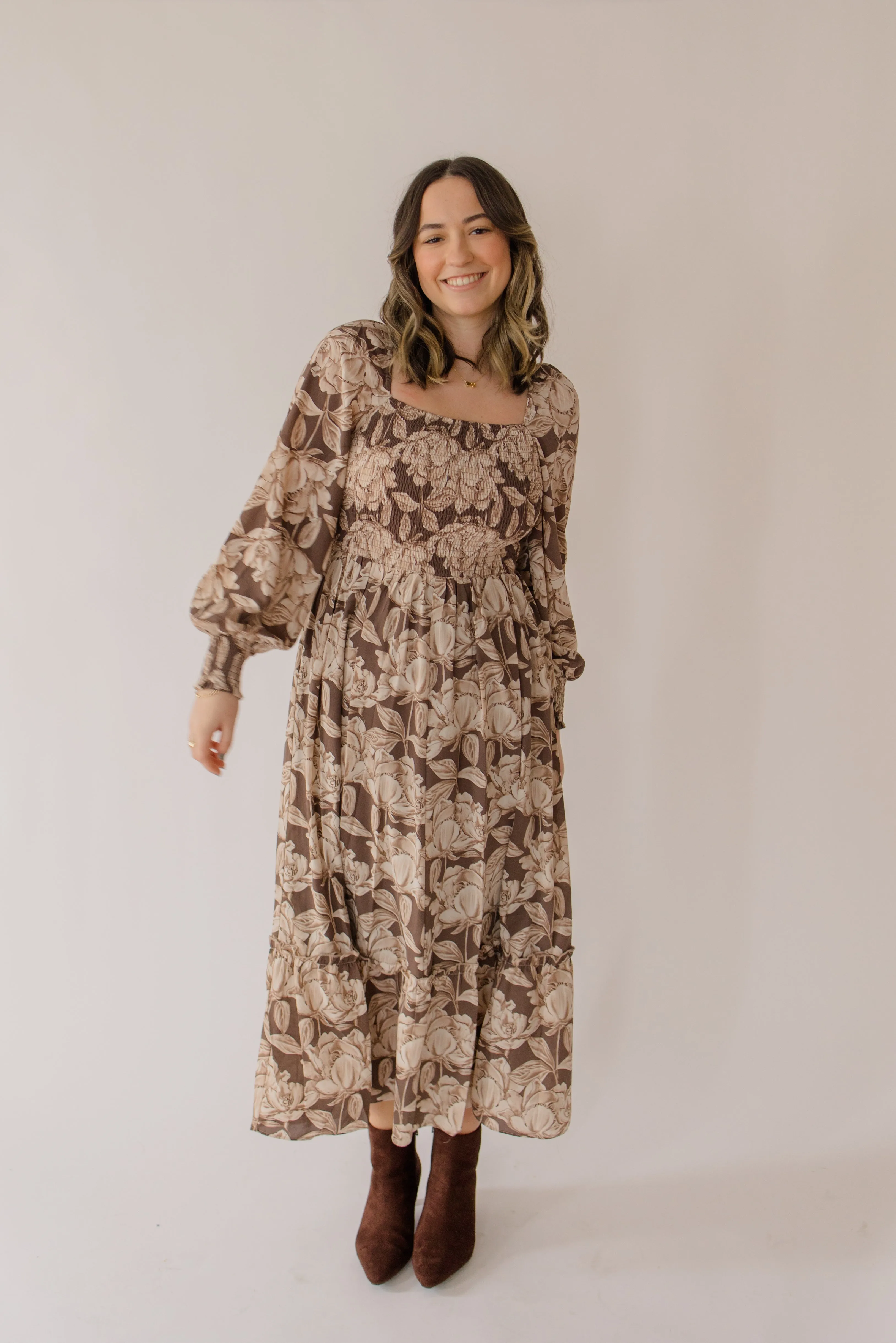 Smocked Floral Midi Peasant Dress