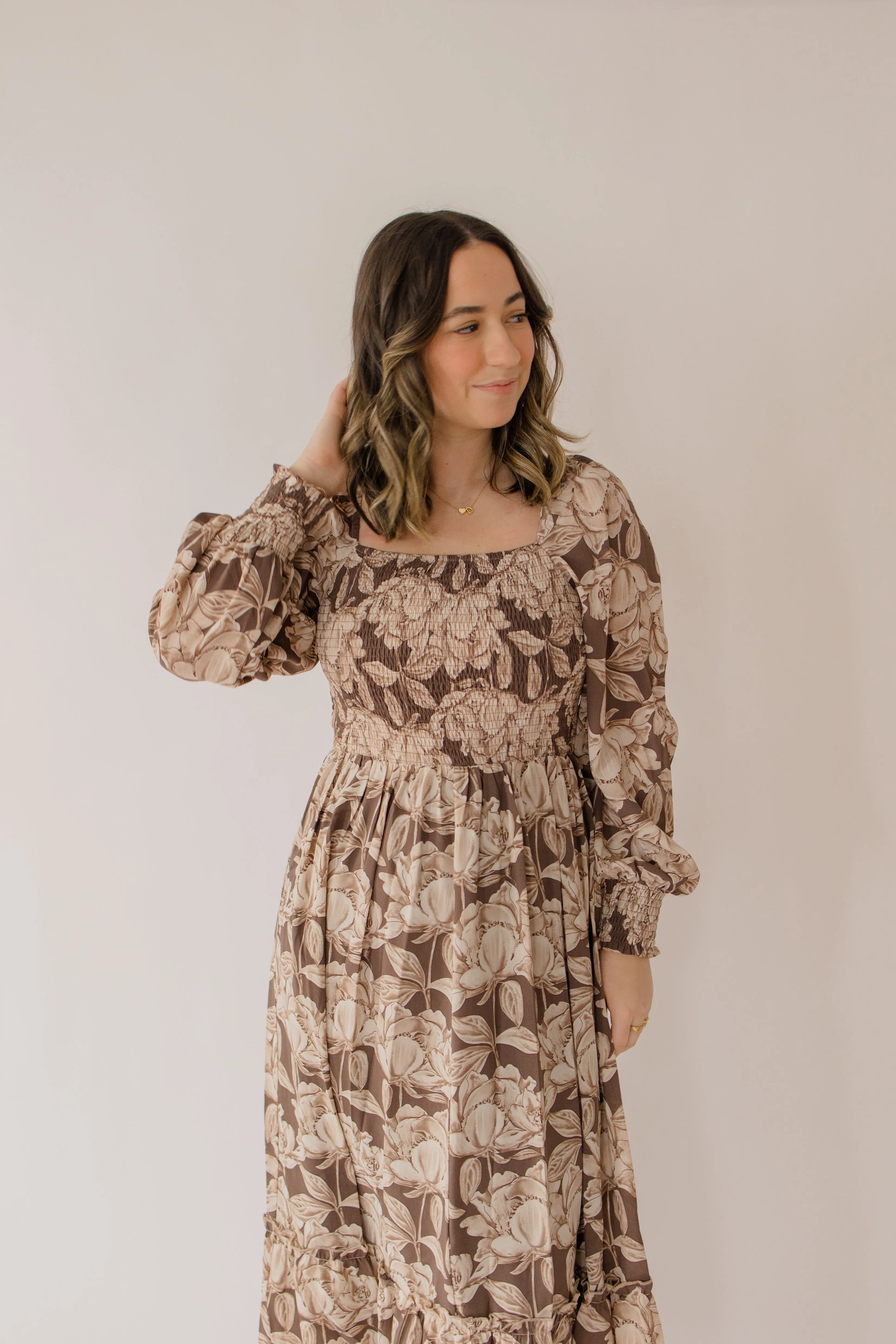 Smocked Floral Midi Peasant Dress