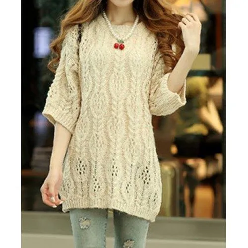 Stylish Jewel Neck Half Sleeves Hollow Out Solid Color Sweater For Women - Apricot One Size
