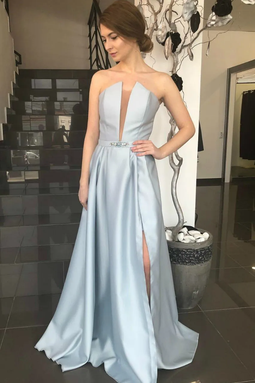 Stylish Neckline Satin Prom Party Dress with Beaded Sash
