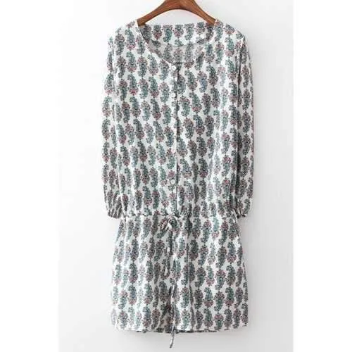 Stylish Scoop Neck Long Sleeve Full Paisley Print Women's Playsuit - Gray M