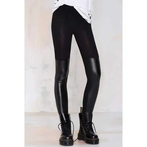Stylish Skinny PU Leather Spliced Women's Legging - Black S