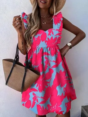 Stylish U Collar Short Flounce Sleeve Midi Dress
