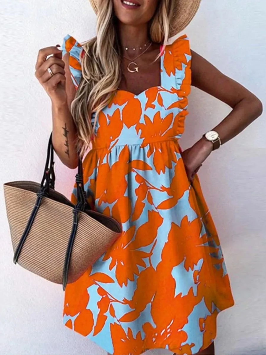 Stylish U Collar Short Flounce Sleeve Midi Dress