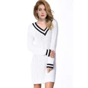 Stylish V-Neck Long Sleeve Hit Color Women's Sweater Dress - White S
