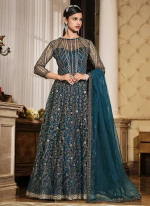 Teal Blue Floral Embroidered Stylish Lehenga/ Pant Style Anarkali