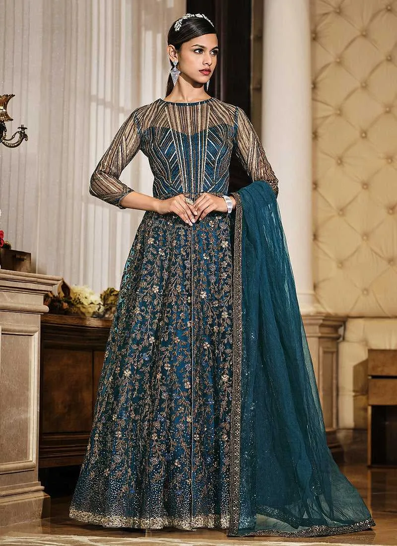 Teal Blue Floral Embroidered Stylish Lehenga/ Pant Style Anarkali