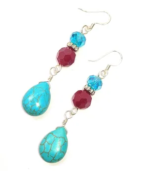 Turquoise, Silver & Red Crystal Teardrop Dangle Earrings