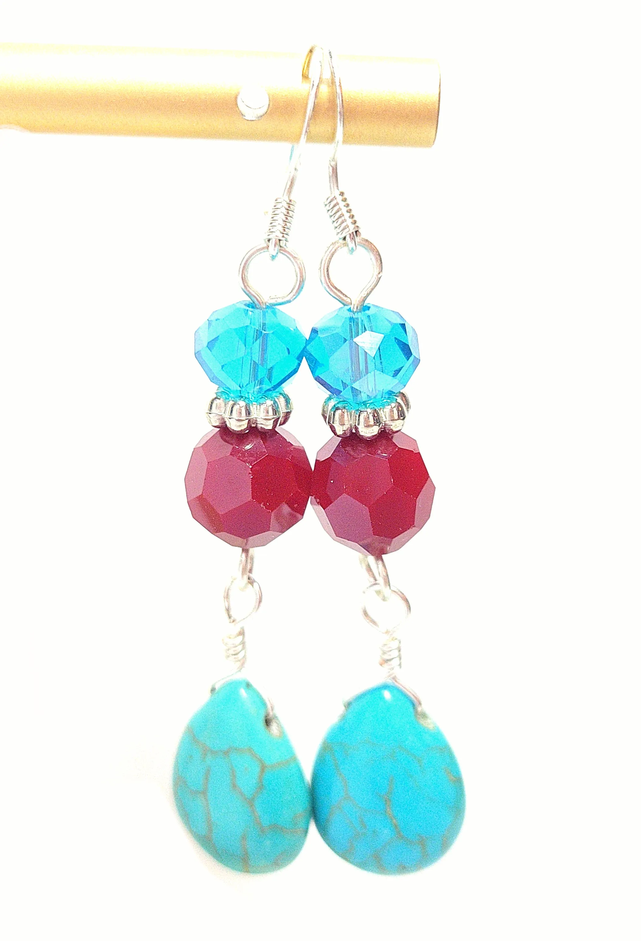 Turquoise, Silver & Red Crystal Teardrop Dangle Earrings