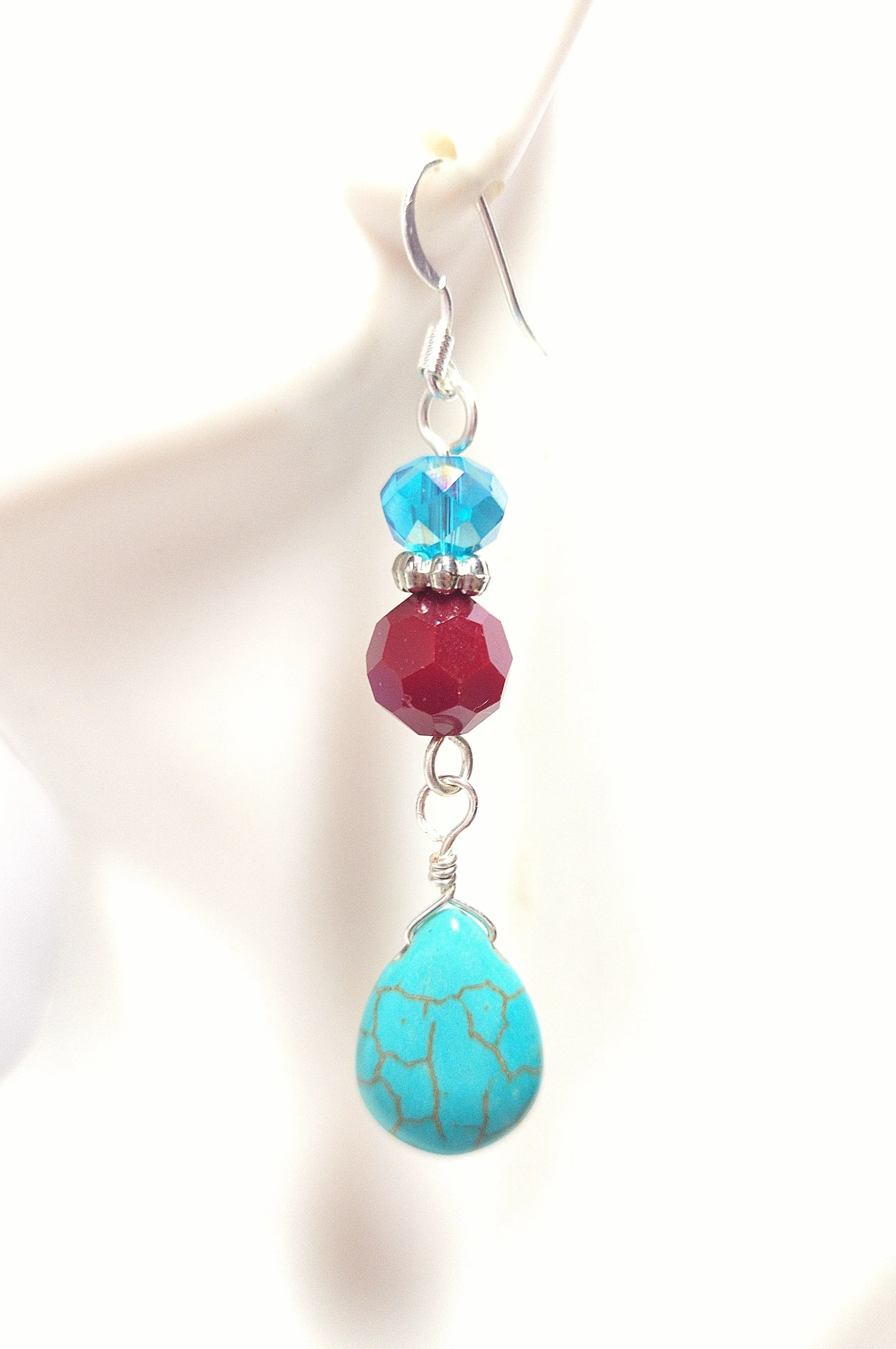 Turquoise, Silver & Red Crystal Teardrop Dangle Earrings