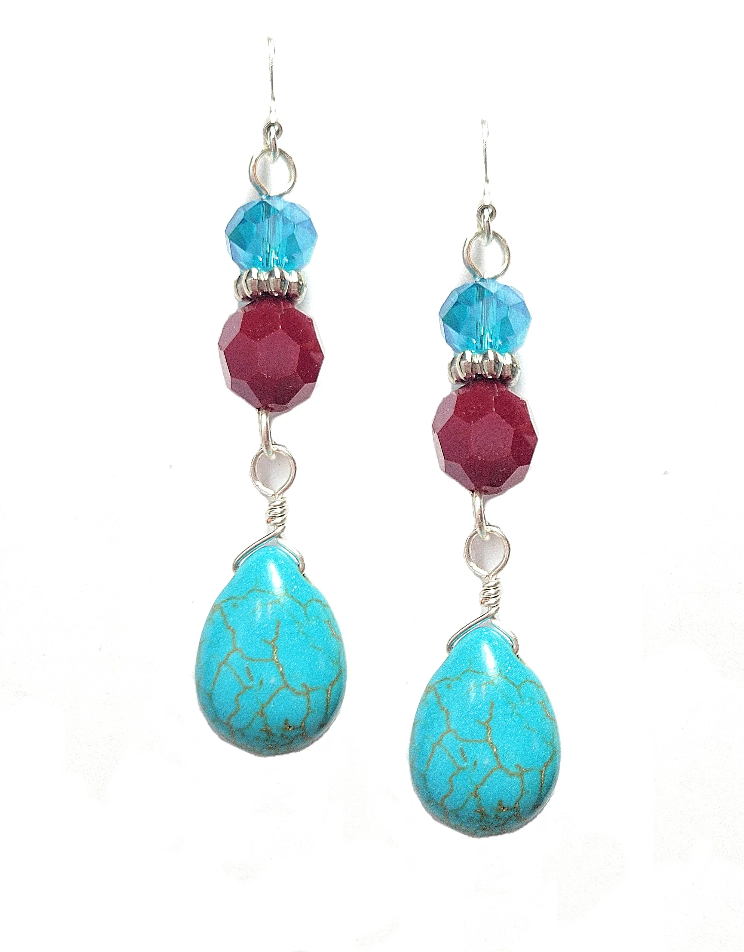 Turquoise, Silver & Red Crystal Teardrop Dangle Earrings