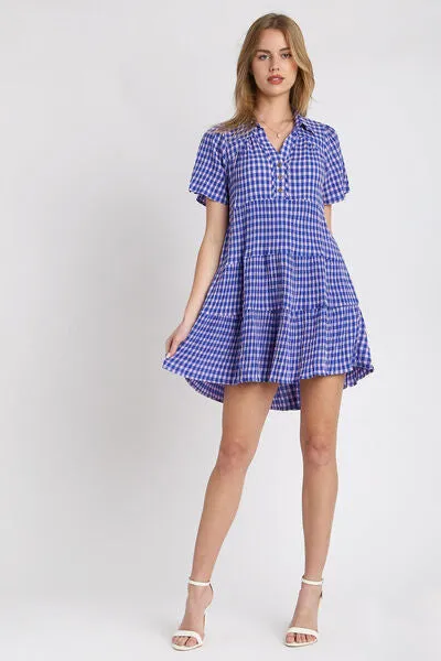 Umgee Check Yes Mini Dress in Blue
