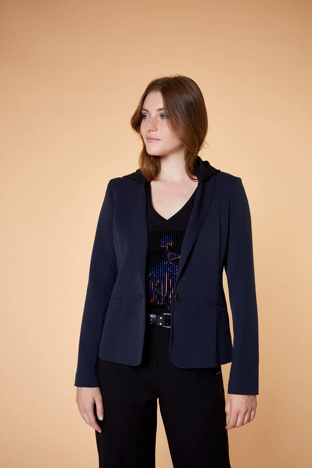 VANY - Veste marine façon laine froide à capuche amovible