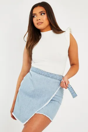 White Ribbed Frill Shoulder Crop Top - Khyla