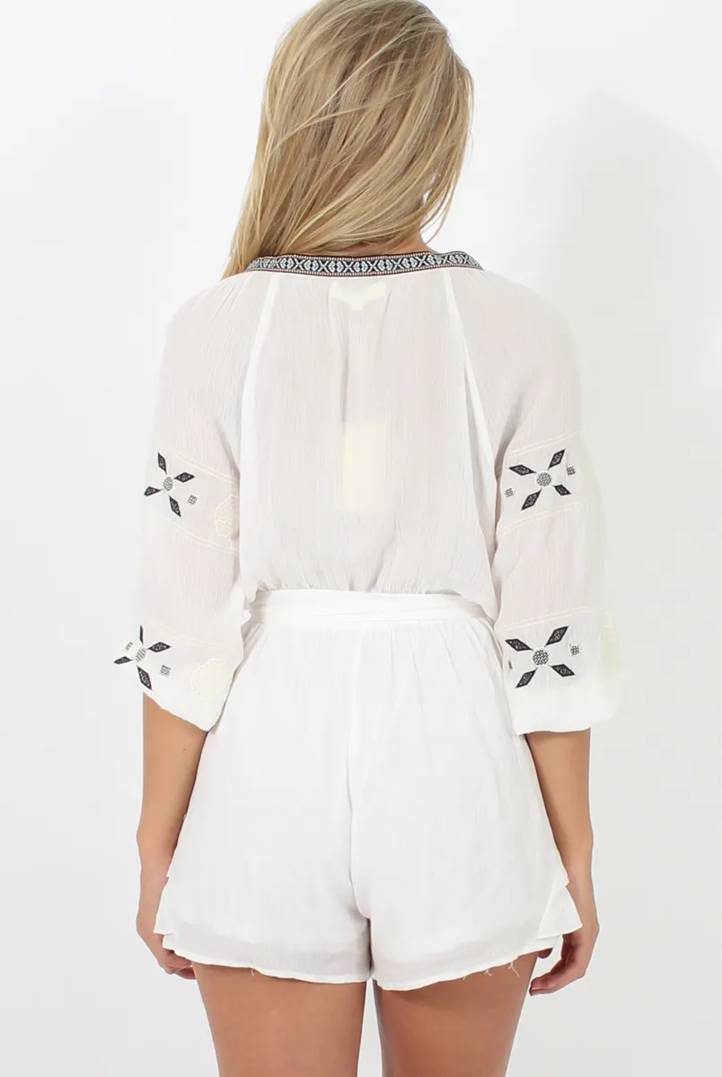 White V Neck Embroidered Playsuit- Jess