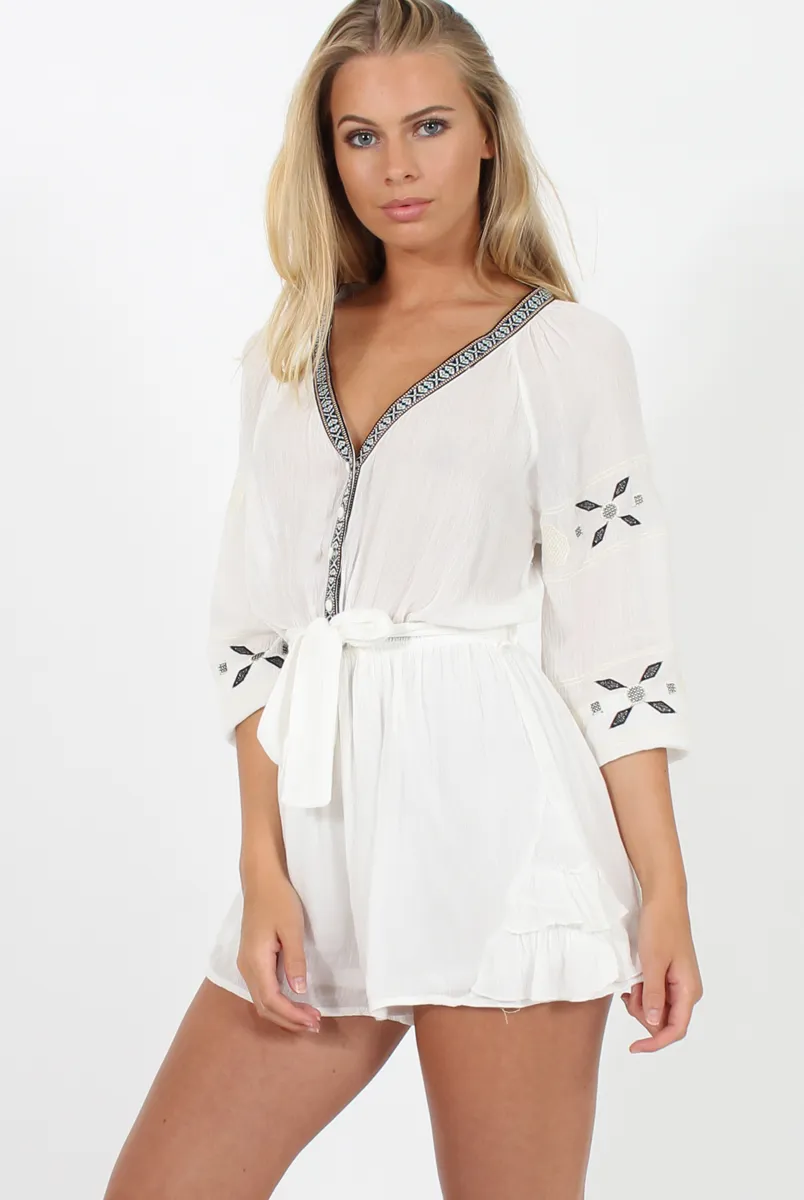 White V Neck Embroidered Playsuit- Jess