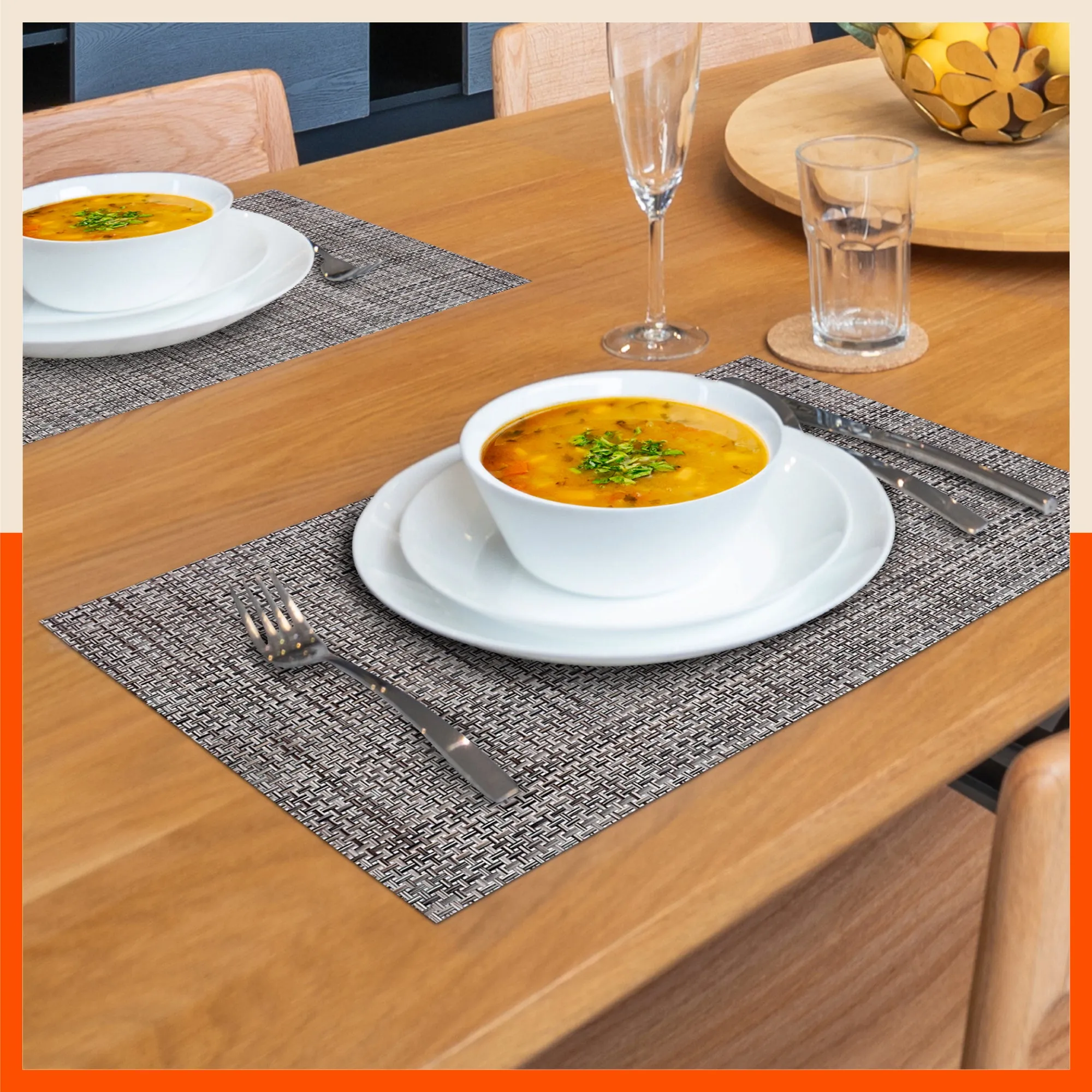 Woven PVC Table Mats / Placemats for Dining Table at Home (Mino - Set of 6)